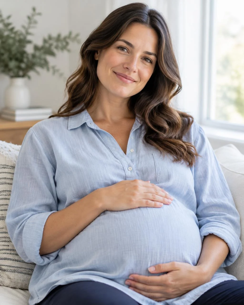 AI illustration of an expectant parent resting beside a window