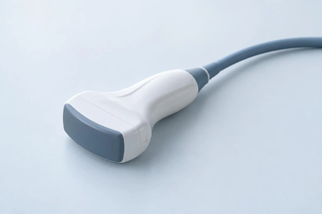AI illustration of an unbranded ultrasound probe on a clean surface